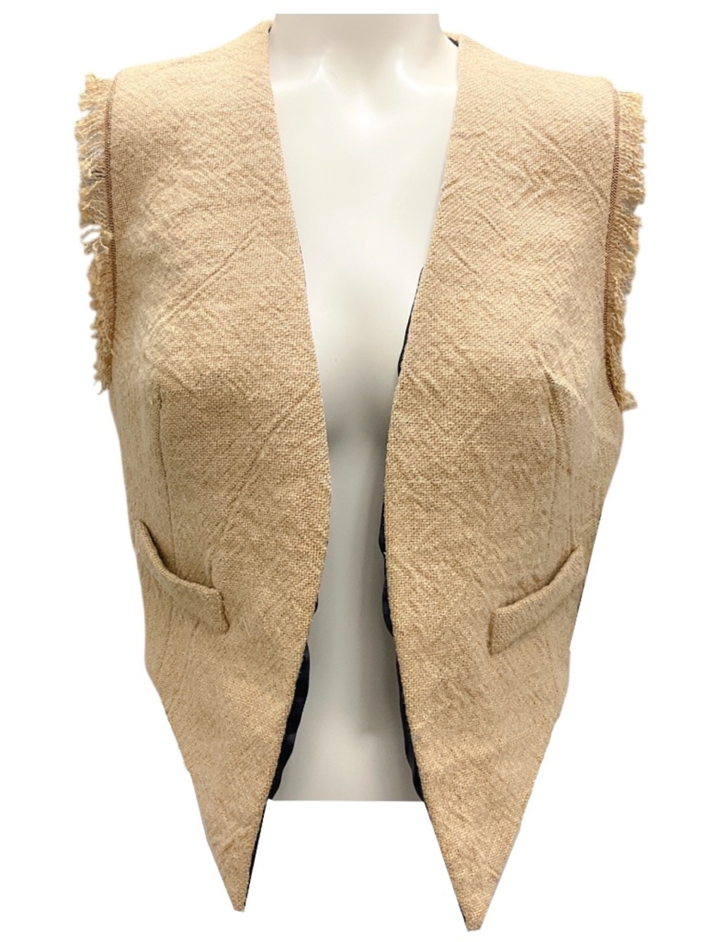 BRUNELLO CUCINELLI TAN FRINGED CROPPED LINEN VEST WITH MONILI